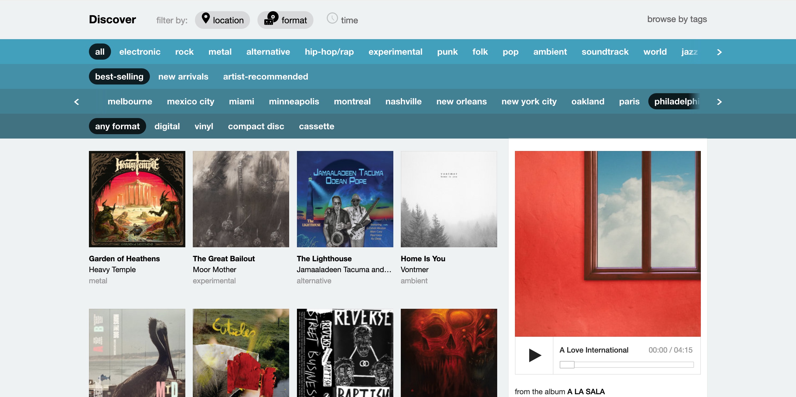 Bandcamp new music feed filtered by city