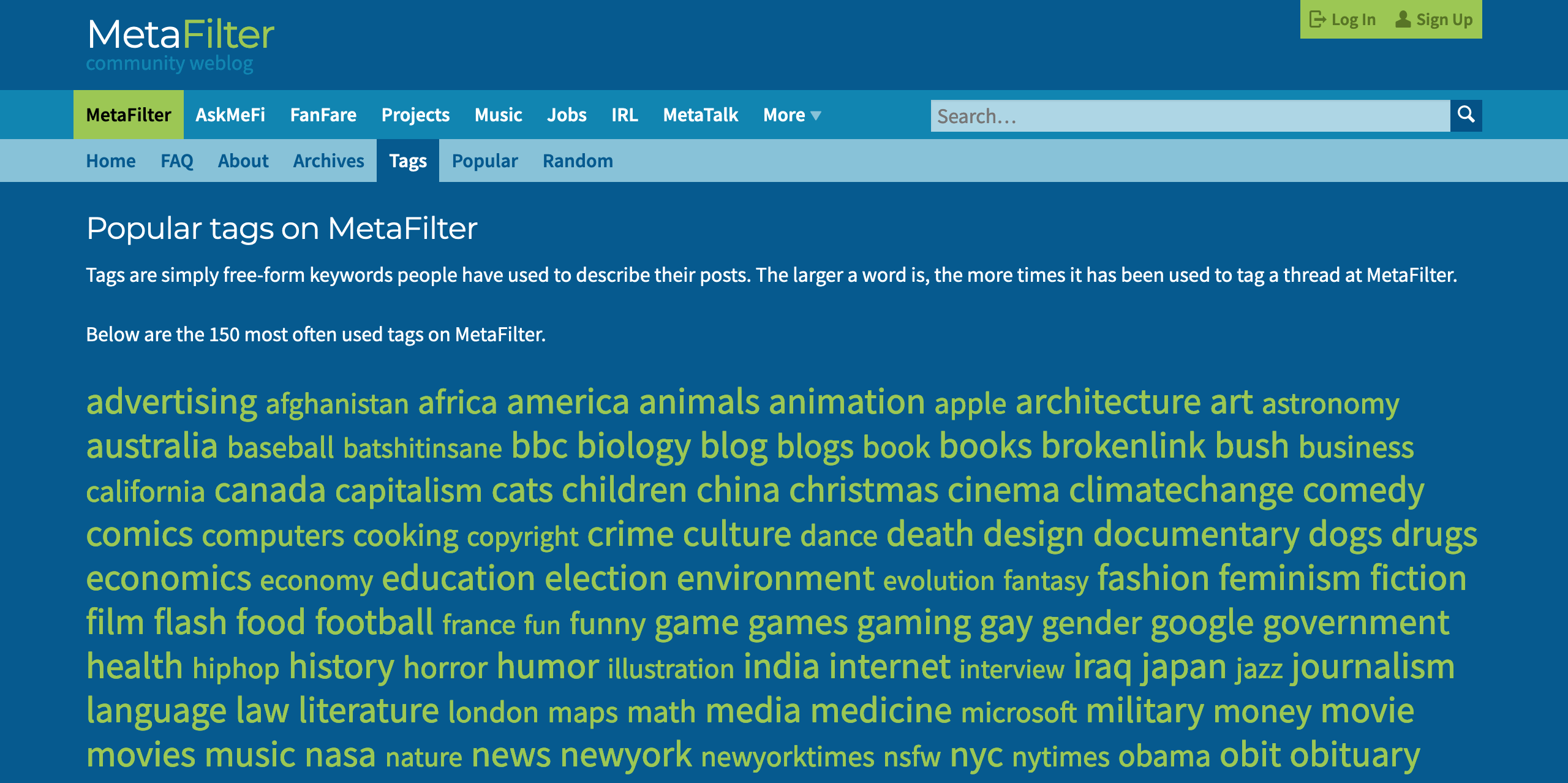 MetaFilter popular tags cloud